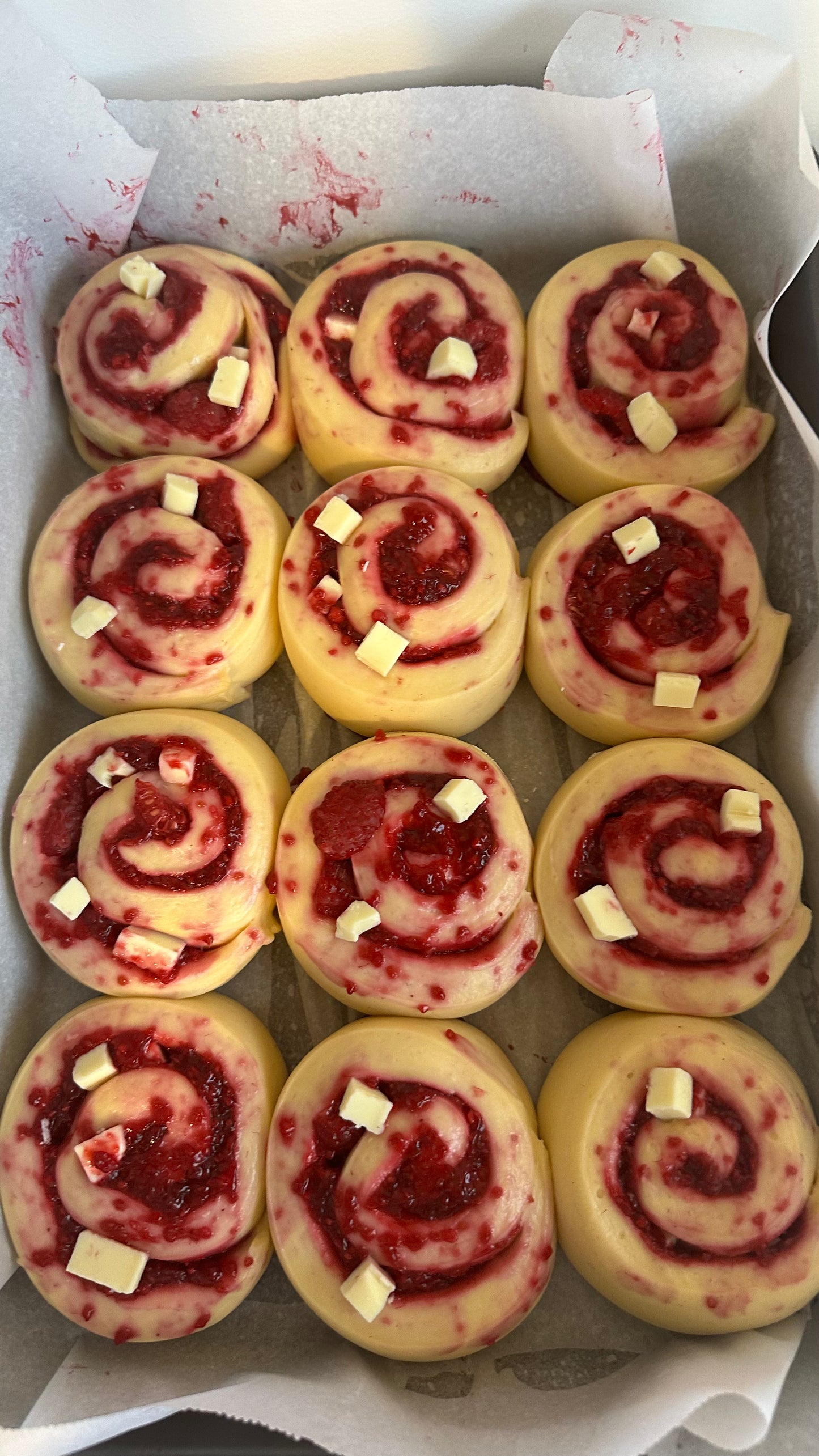 Sourdough brioche raspberry/white chocolate rolls