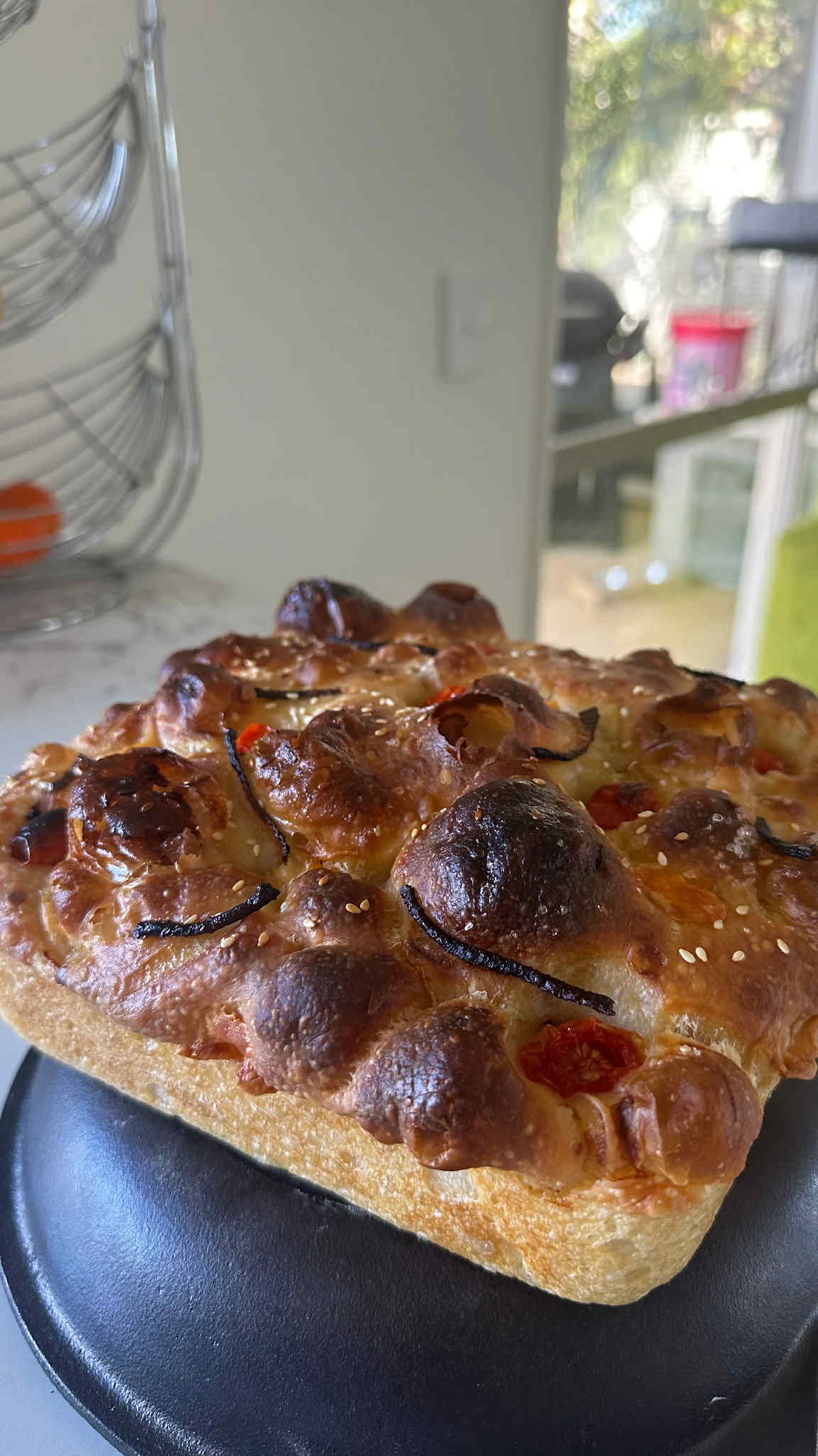 Savoury focaccia - Cherry tomatoes/cheese/red onion/sesame